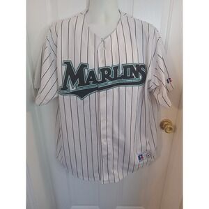 Florida Marlins MLB Russell Athletic Vintage Pinstripe Stitched Jersey XL Stains